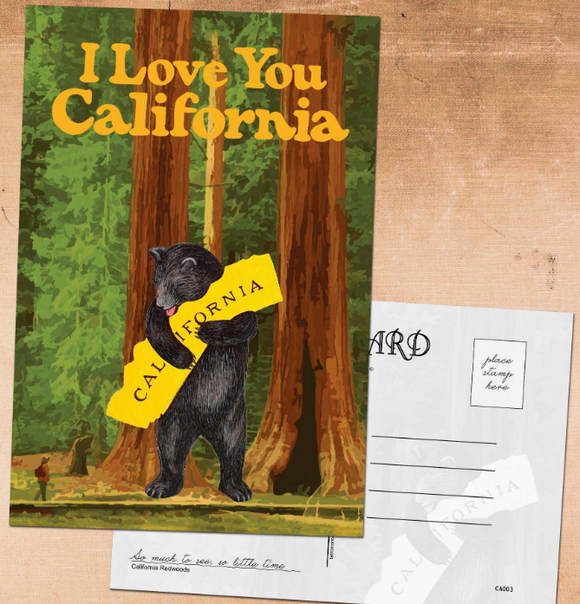 I Love You CA Bear Postcard - Redwoods