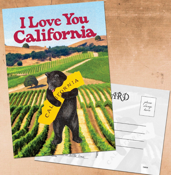 I Love You CA Bear Postcard - California Vineyards